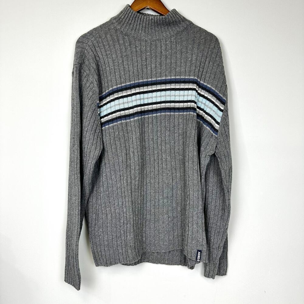 VTG Y2K Aeropostale Ramie Cotton Turtle Neck Sweater Blue Block Stripe Sz L Gray